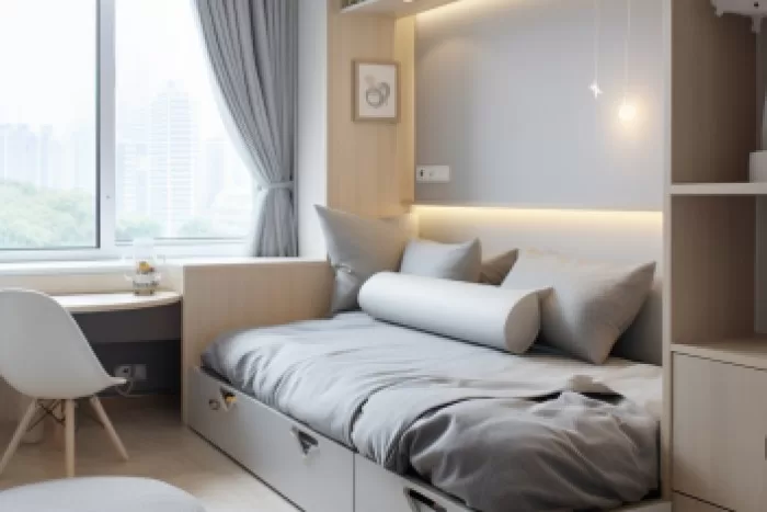 Um quarto com cama funcional e móveis planejados.