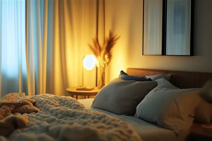 Um quarto aconchegante com iluminação amarela