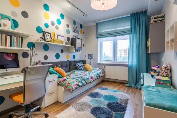 Um quarto compacto, planejado e com decoração moderna.