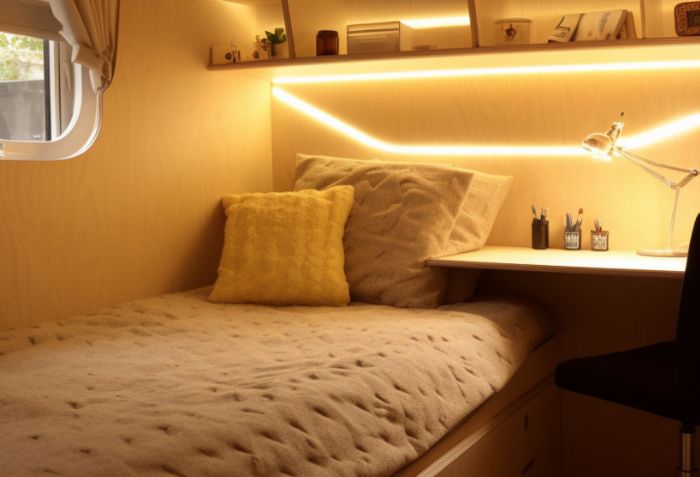 Quarto com iluminação indireta.