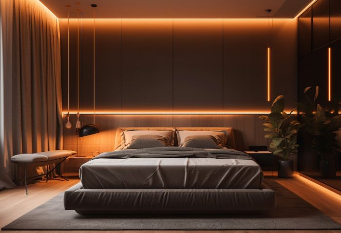Quarto aconchegante com luz indireta.